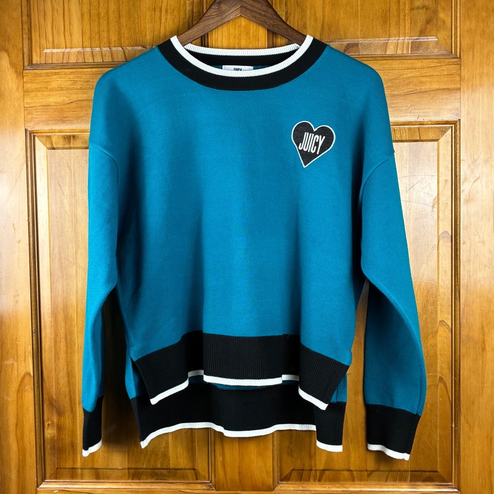 Juicy by Juicy Couture Med Teal Heart Logo Knit Sweater Y2K Preppy Streetwear